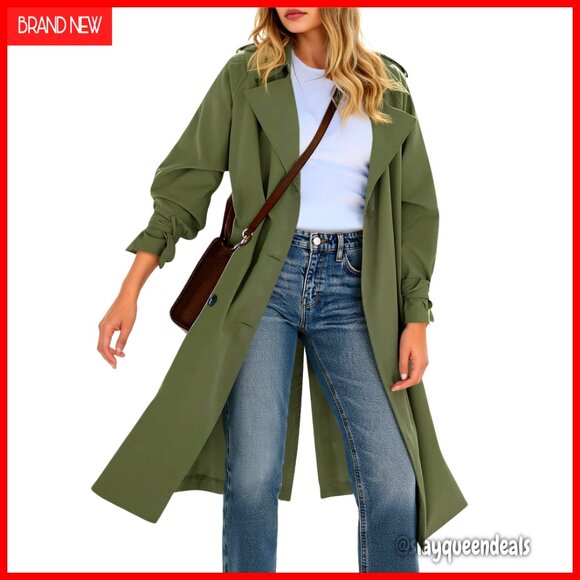 Long Trench Coat Double Breasted Notch Lapel Lightweight Oversized Windproof